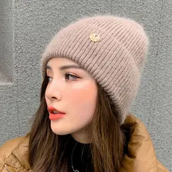 Chapéu de malha de pele de coelho feminino, Gorros monocromáticos, simples, Espessado, Quente, Pelúcia, Skullies, Mulheres, Inverno