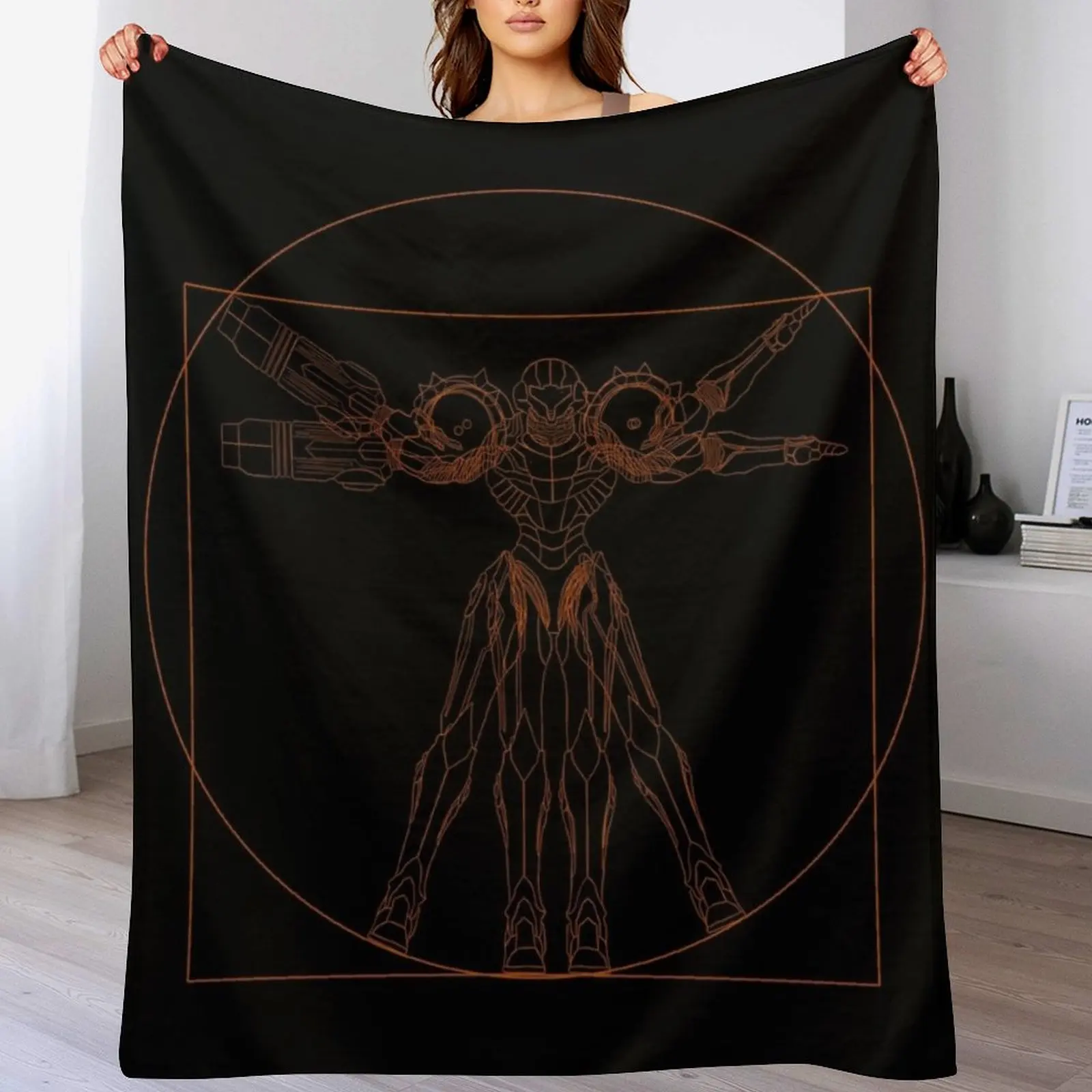 Vitruvian Samus Metroid Da Vinci Sketch Orange Print Throw Blanket Lightweight Warm Blanket for Travel Camping