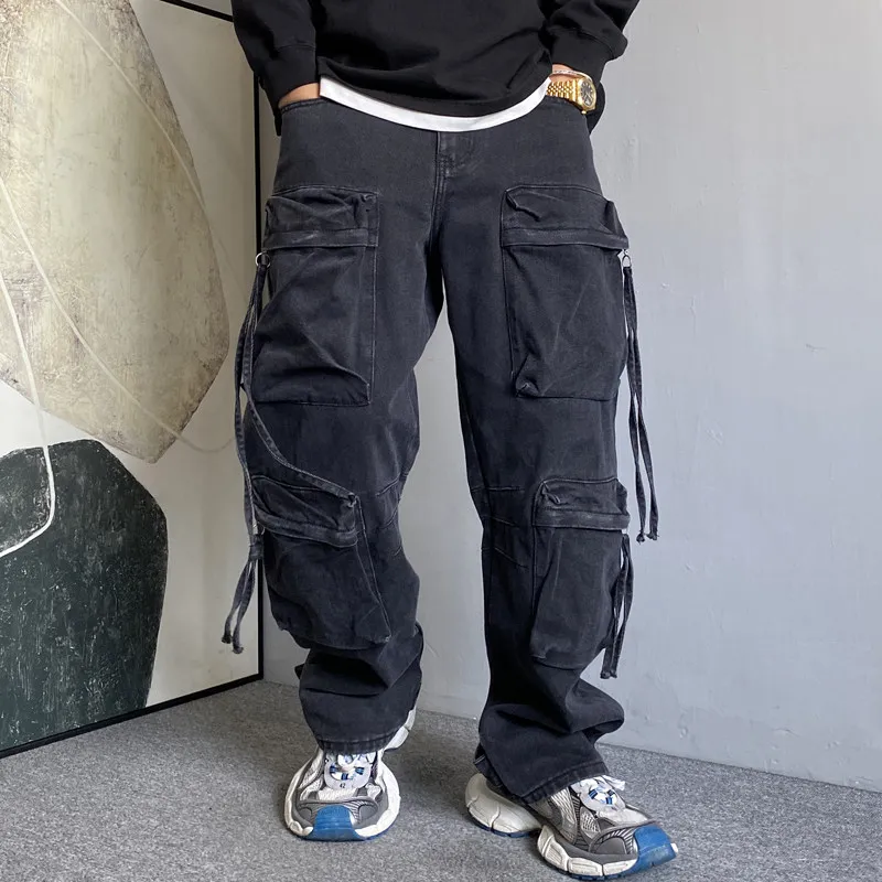 Multi Pocket Cargo Jeans Men American Streetwear Hip Hop Loose Casual Washed Denim Baggy Jeans Pants Cityboy Y2k Trousers