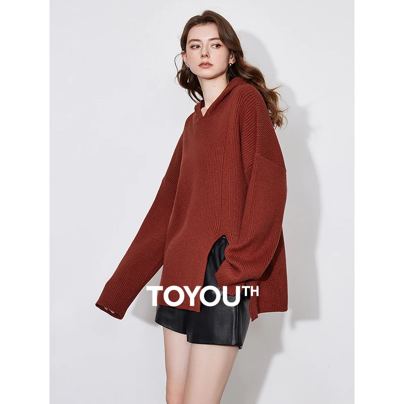 TOYOUTH Women Knitted Sweater 2024 Autumn Winter New Ankela Red Hooded Off Shoulder Open Slit Knitted Woolen Pullover Tops