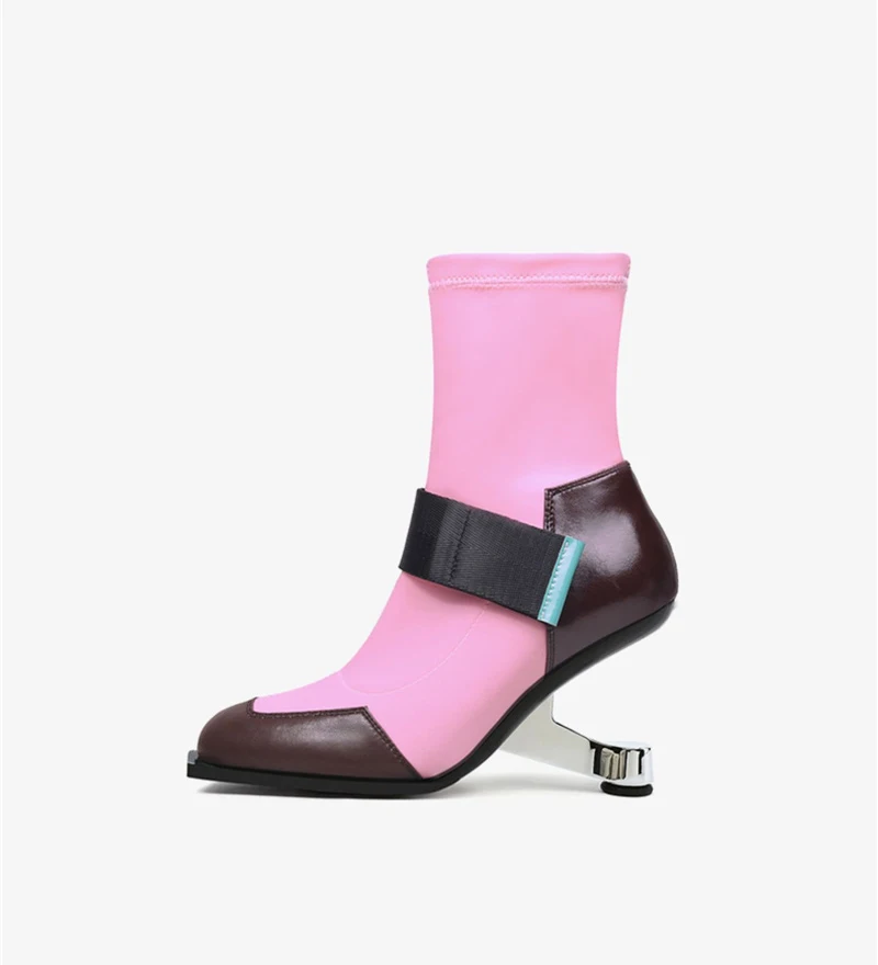 Sexy lady genuine leather stretch fabric 8cm high strange metal heel side zip dating pink black modern ankle boot HL458 MUYISEXI