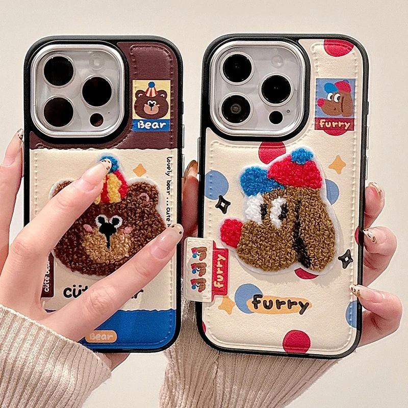 Cute Cartoon Embroidery Bear Dog Leather Case For iPhone 13 14 15 16 Pro Max Lovely Soft Silicone Phone Cover 