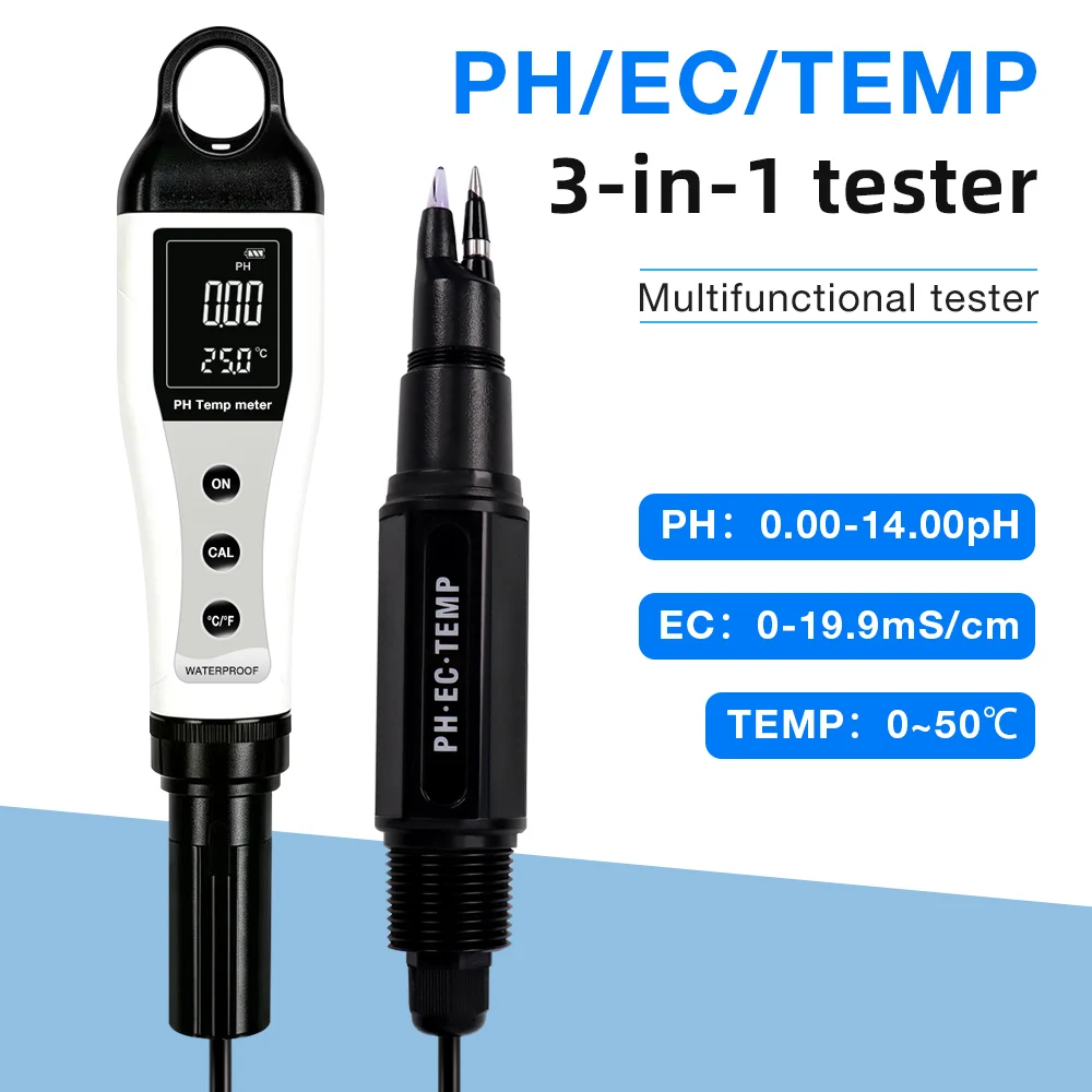 3 In 1 PH EC Tester 0-14PH 0-19.99mS/cm High Accuracy Waterproof Food PH Meter For Dough Meat Skin Fruit Soil