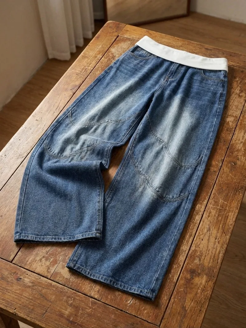 

Y2K Vintage Harajuku Streetwear Baggy Jeans Men Women Blue Washed Wide Leg Denim Pants Contrast Waistband Hip Hop Loose Pants