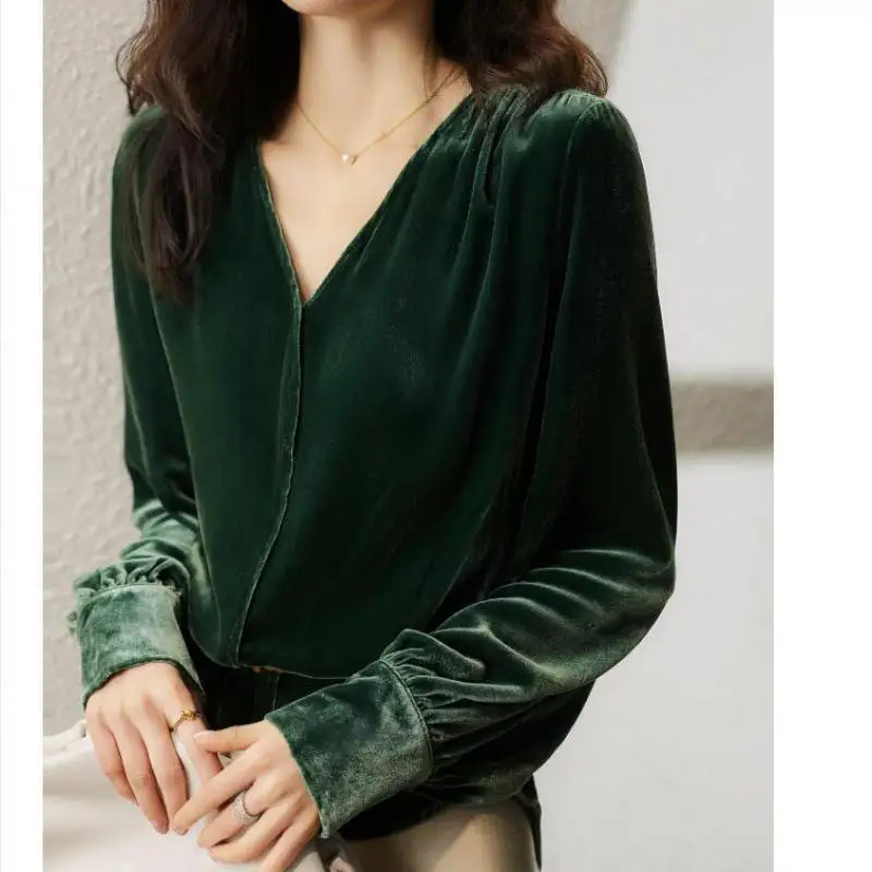 Free Shipping Casual Shirts Spring Autumn Fashion Comfort V-neck Retro Elegant Velvet Long Sleeve Pure Color Female Pullover