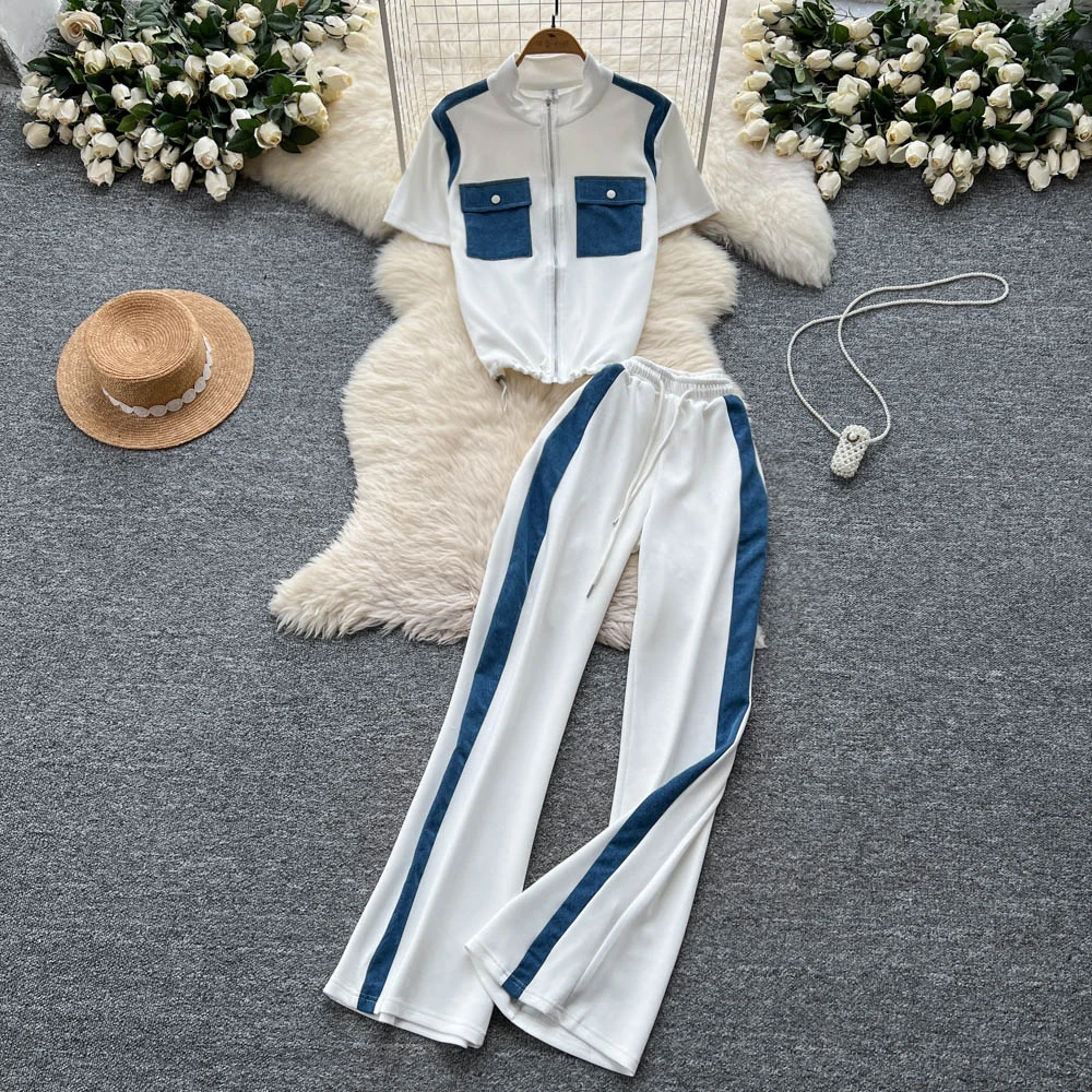 

Women Two Pieces Sets Casual Summer patchwork Top Pockets and Hotsweet loose basics Pant Sets