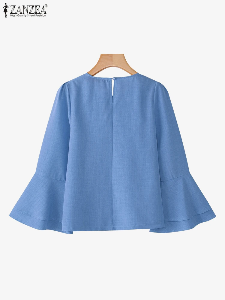 ZANZEA Casual Flare Sleeve Blouse Women Fashion O Neck Blusas Solid Color Loose Tops 2025 Autumn Simple Tunic Oversized Pullover