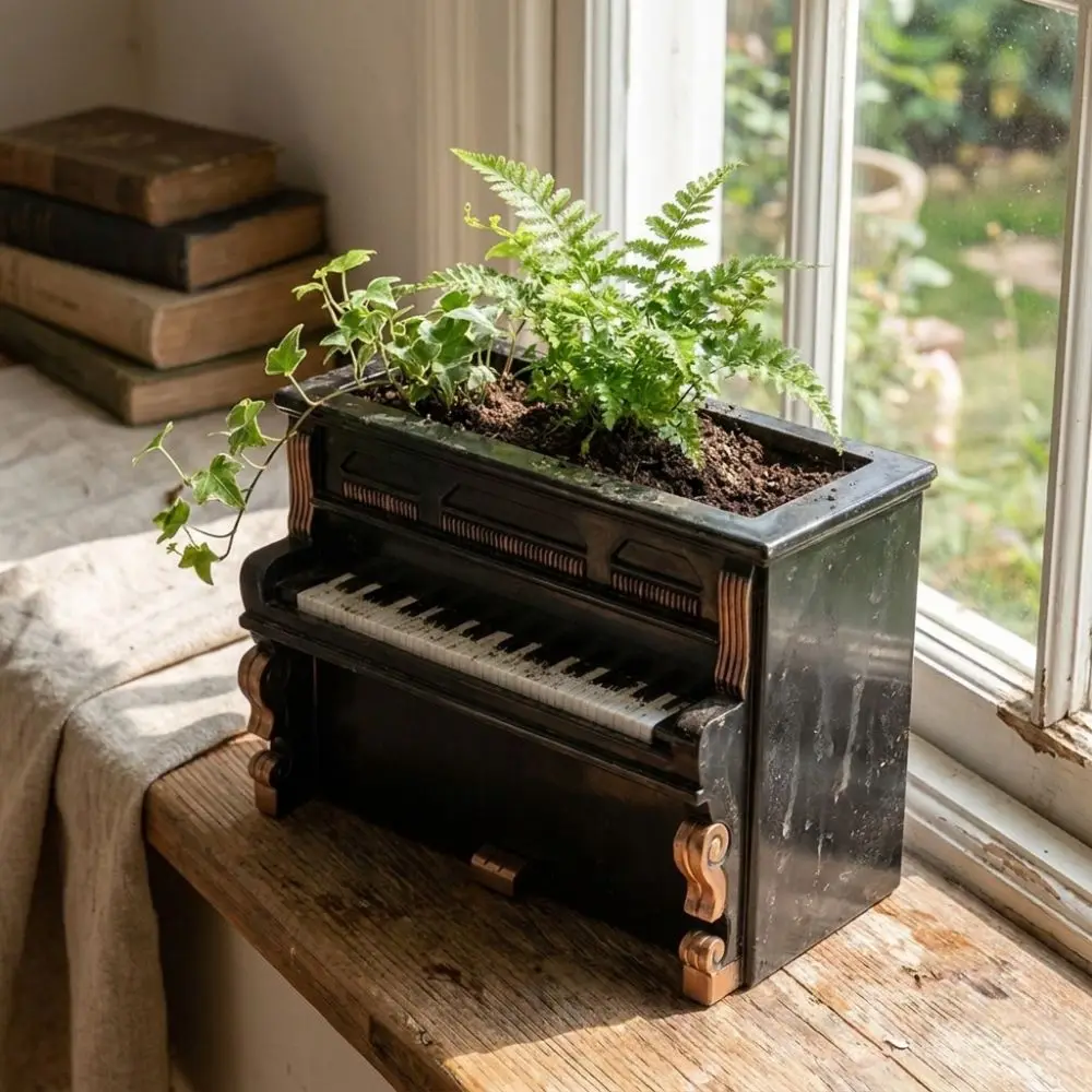 Retro Style Piano Flower Pot Decorative Unique Piano Shaped Pen Holder Gold Trim Piano Ornament Indoor Plant Display