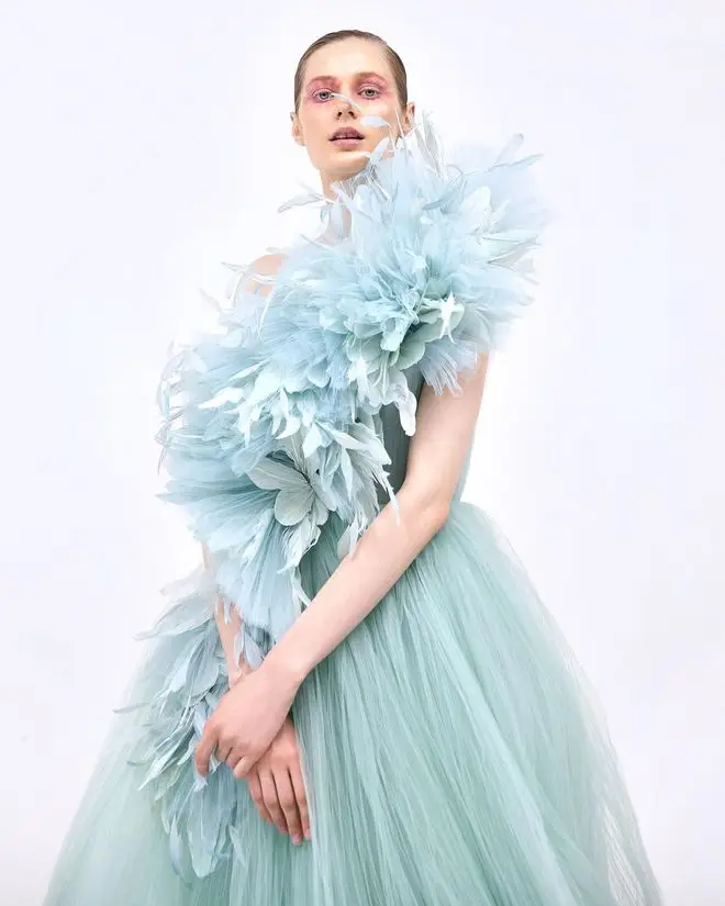 Fairy Moon Blue Tulle Party Dresses Feather vestido de noche Butterfly Prom Gowns One Shoulder Long Lush Formal Evening Gown