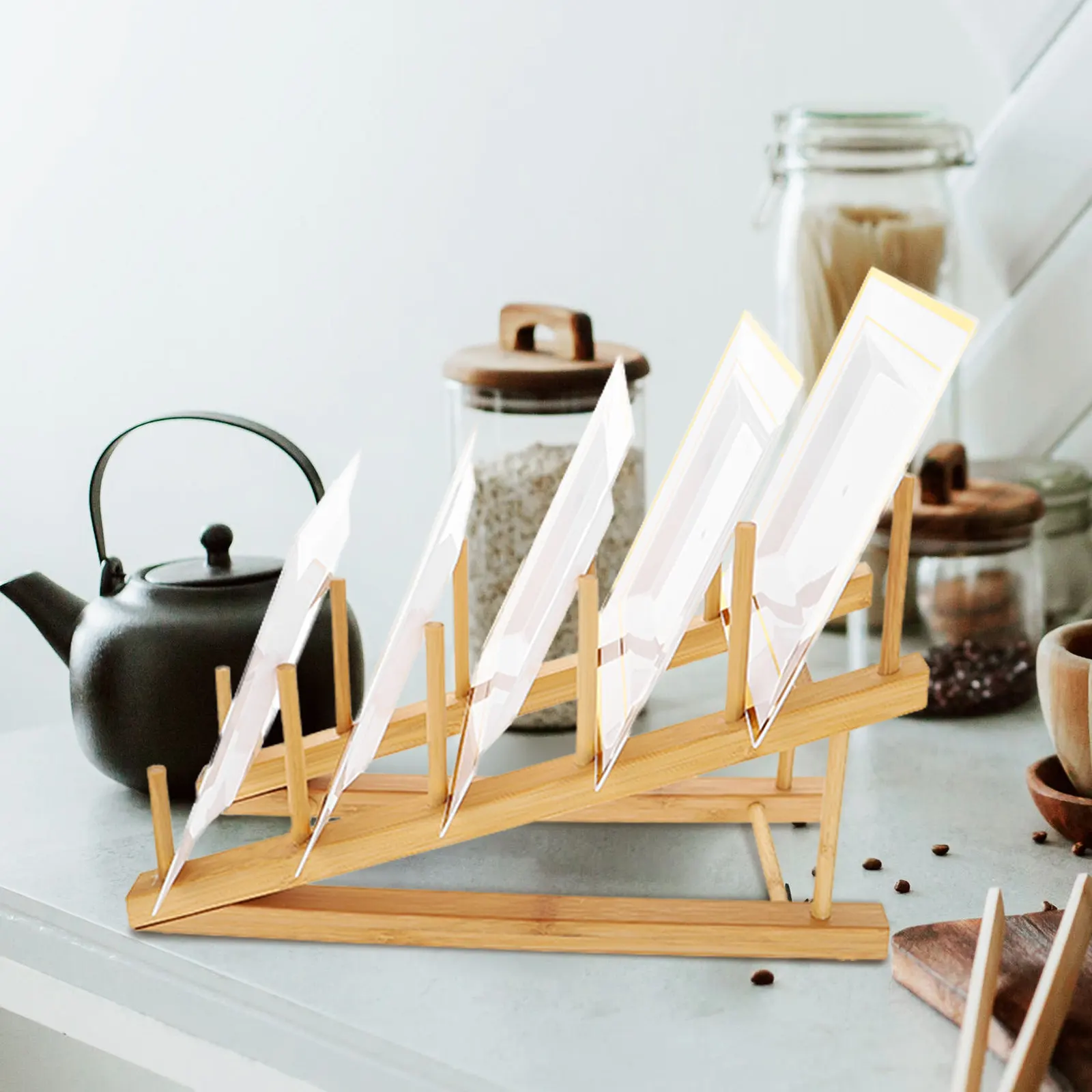 Vertical Bamboo Plate Rack Kitchen Cup Holder Storage Drain Rack Multi Functional Dish Organizer Kitchen Plate Holder