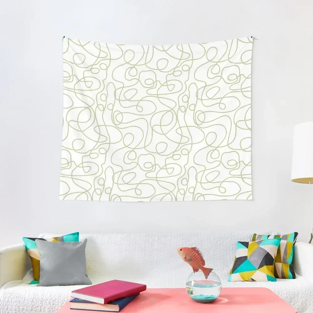 Doodle Line Art Pattern | Pale Pistachio on White Tapestry Decoration For Rooms Cute Room Decor Tapestry