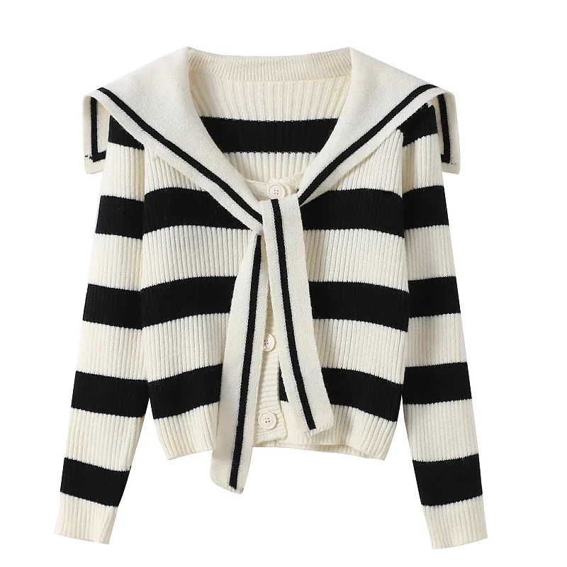 

Striped Naval Leader Vintage Lace Up Acrylic Long Sleeve Women's Sweater Korean Fashion Single Breasted Cardigan Winter G280