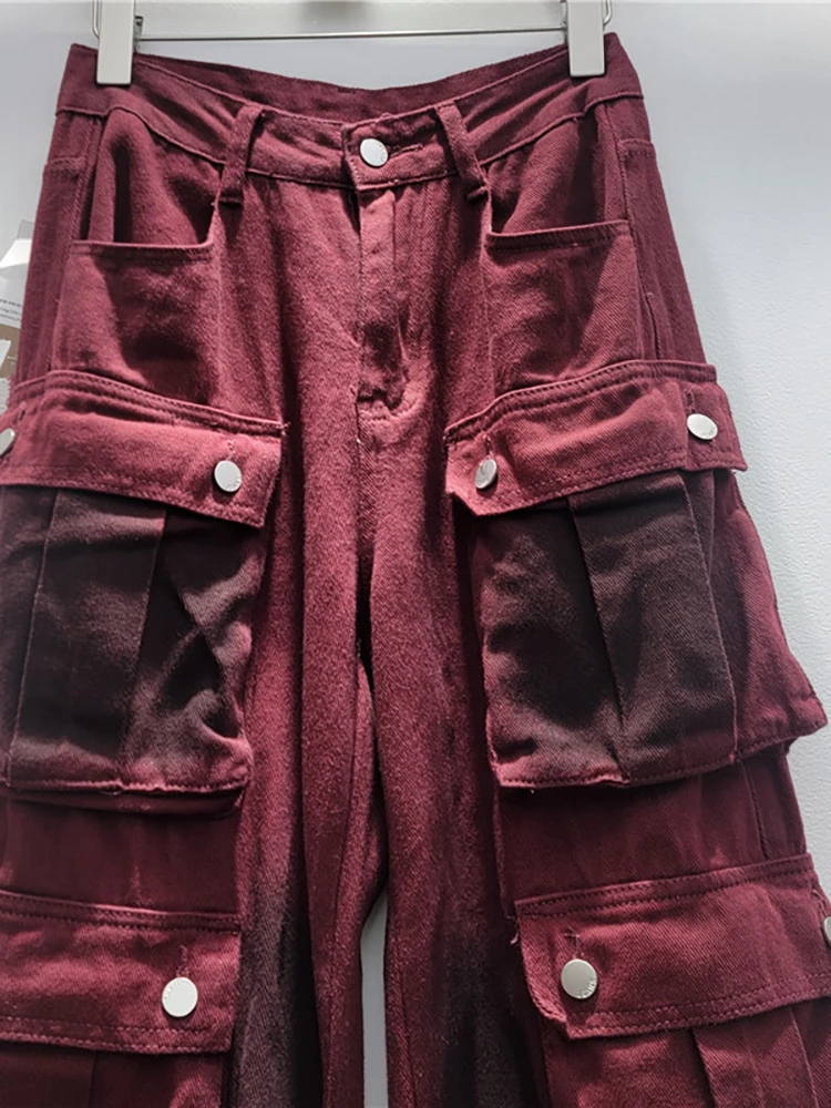 DEAT-pantalones vaqueros de cintura alta para mujer, Jeans Cargo rectos lavados con teñido anudado rojo, múltiples bolsillos, nueva moda, otoño, 2024, 33A1914