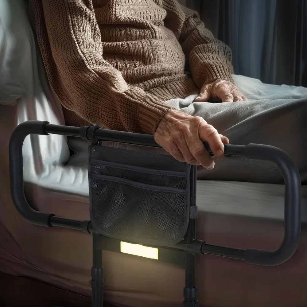 Elderly Bed Safety Rail with Motion Sensor Light, Adjustable Height & Storage Pocket for All Bed Sizes
