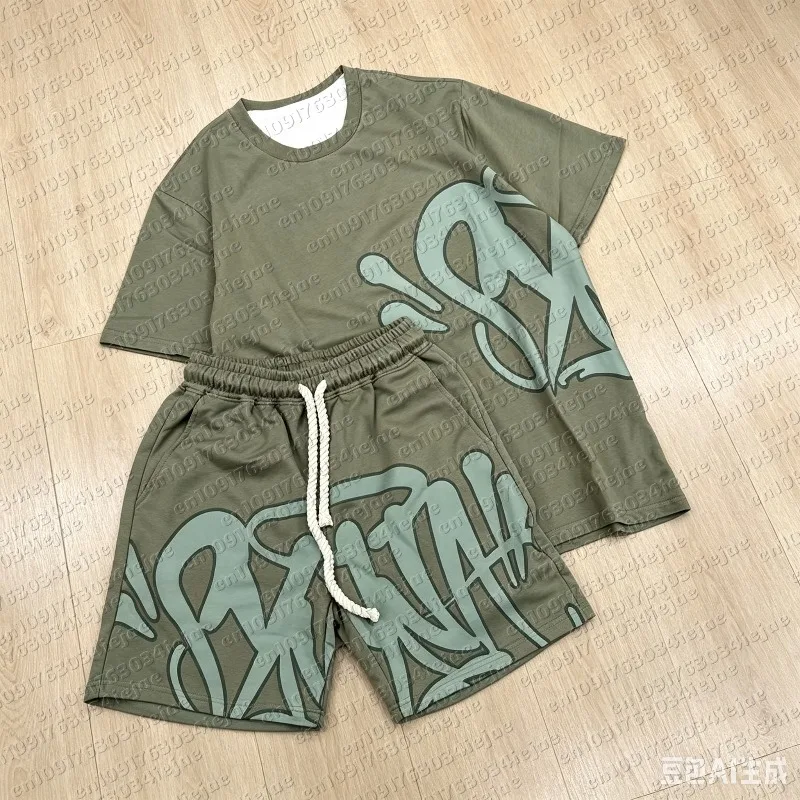 MOTO 2026 Summer New Style Unisex Abstract Graffiti Graphic 2 Piece Tracksuit Black Tee and Elastic Waist Shorts for Streetwear