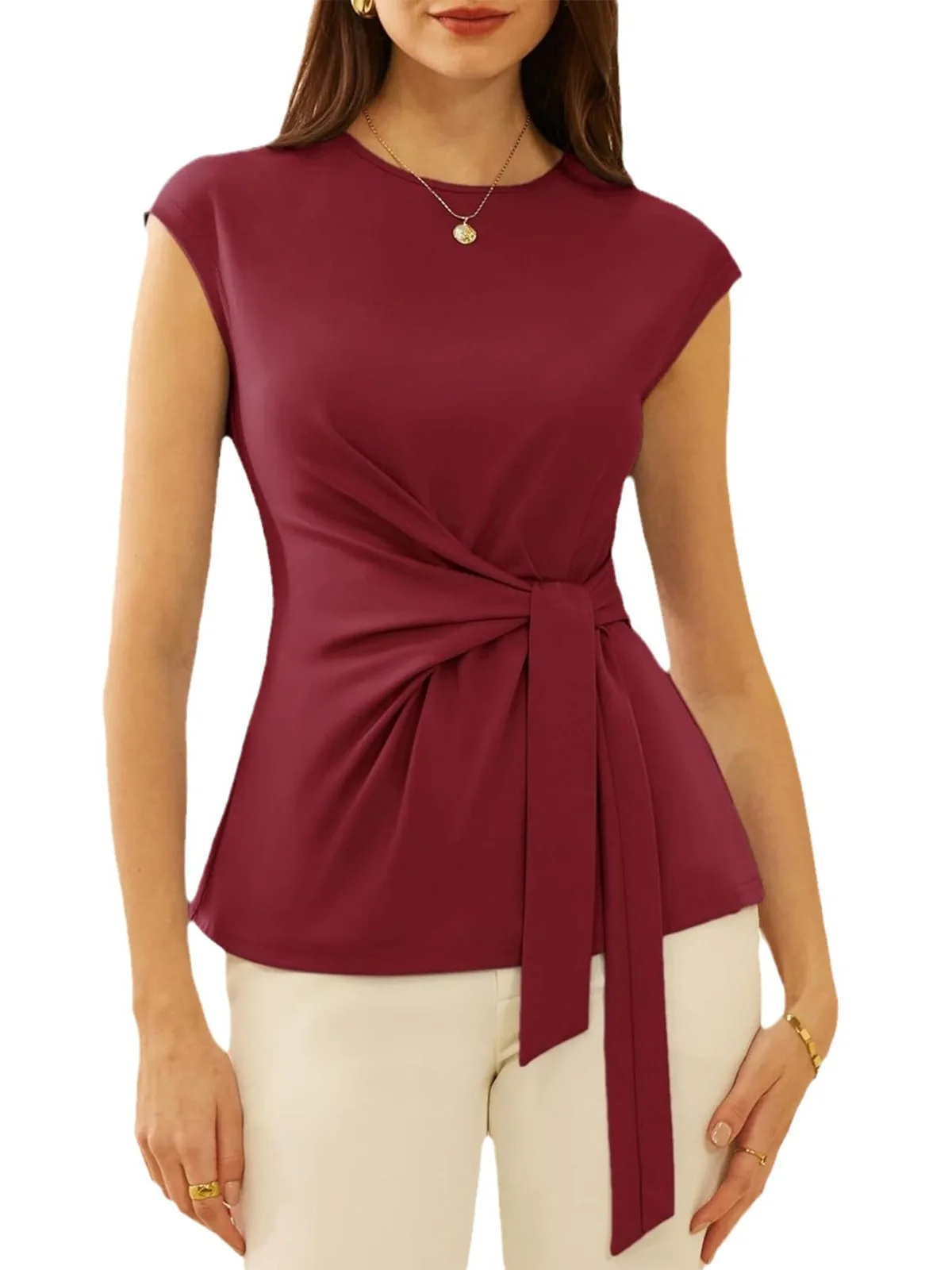 Bowtied roundne top nó ort sve fibra de poliéster solto ajuste feminino verão irt cor pura casual sle