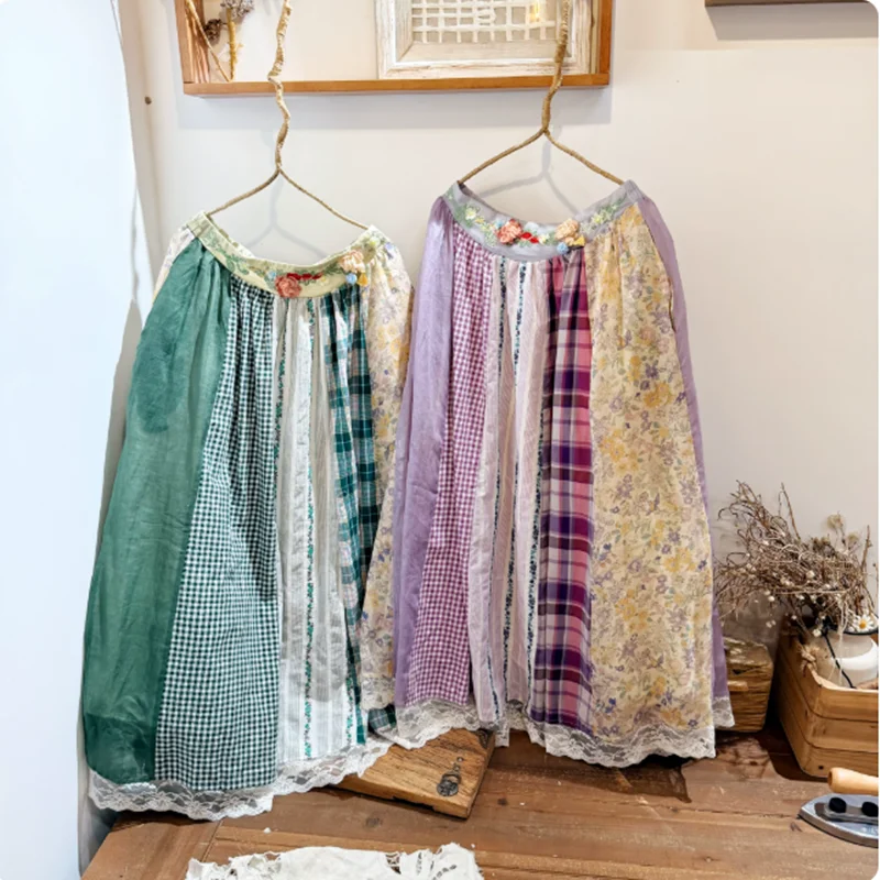 TIYIHAILEY Ramie Lace Long Mid-Calf Skirts Elastic Waist A Line Spring and Summer Ladies Embroidery New Fashion 2026 New Flowers