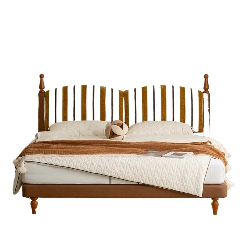 American orange and white striped bed antique fabric bed master bedroom modern simple 2025 new family bed solid wood
