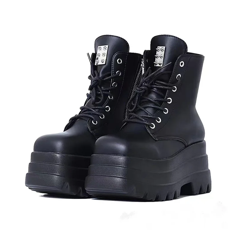 Punk Style Women Platform Wedges Boots 2023 Autumn Soft Leather Fashion Metal Rivet Female Lace Up High Heel Gothic Shoes Black