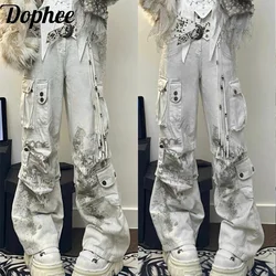 Dophee American High Street 화이트 카고 바지 여성 청바지 여름 스파이스 걸스 Subculture Y2k 멀티 포켓 와이드 레그 스트레이트 팬츠