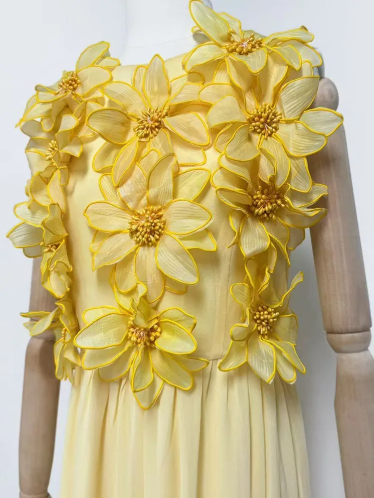 Qmqa moda feminina elegante estilo férias colete vestido em torno do pescoço cintura alta magro tridimensional floral vestidos elegantes qm761