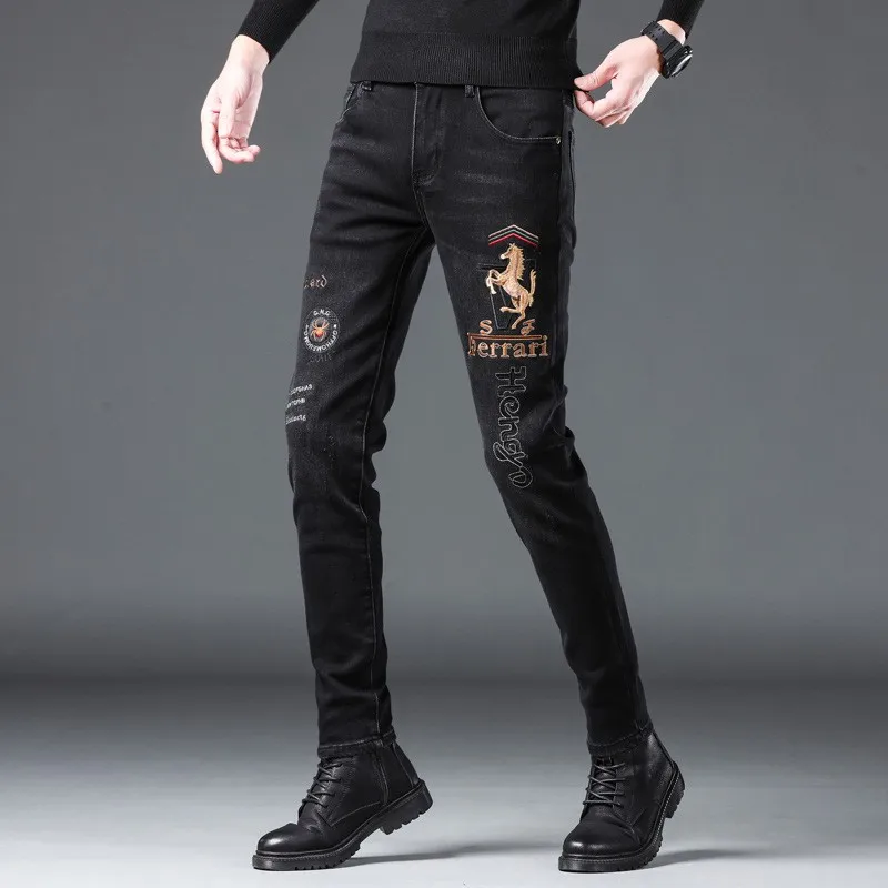 American streetwear tide brand personality embroidery men's jeans black versatile Slim small straight leg pants men's pants