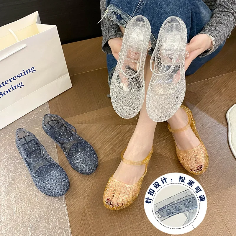 

Fashionable Plastic Crystal Sandals Women's Outerwear Mid-high Heel Platform Slippers Summer Slip-On One-piece Strap Shoes
