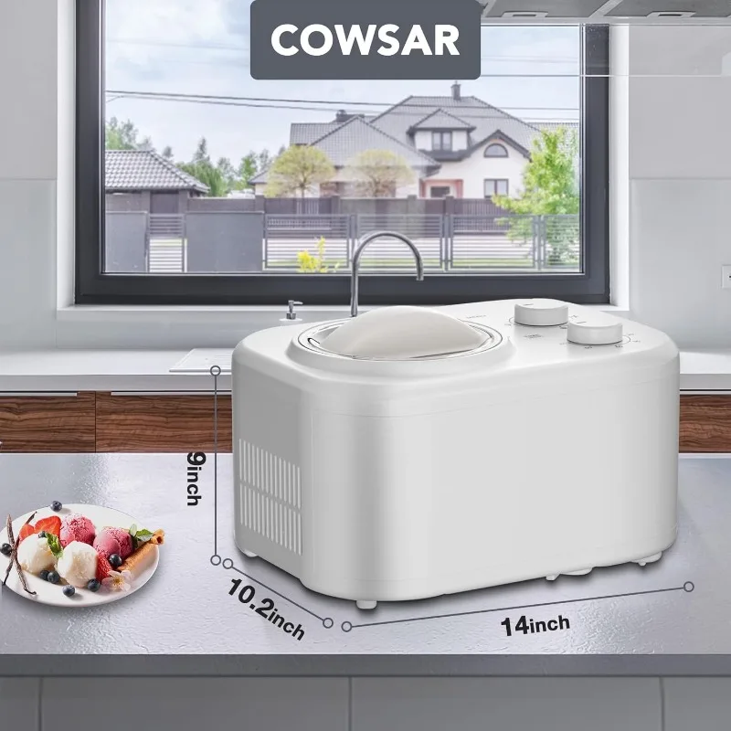 ماكينة صنع الآيس كريم COWSAR بسعة 1.1 لتر مع ضاغط مدمج، أوتوماتيكية بالكامل، بدون تجميد مسبق، تحافظ على ساعة واحدة