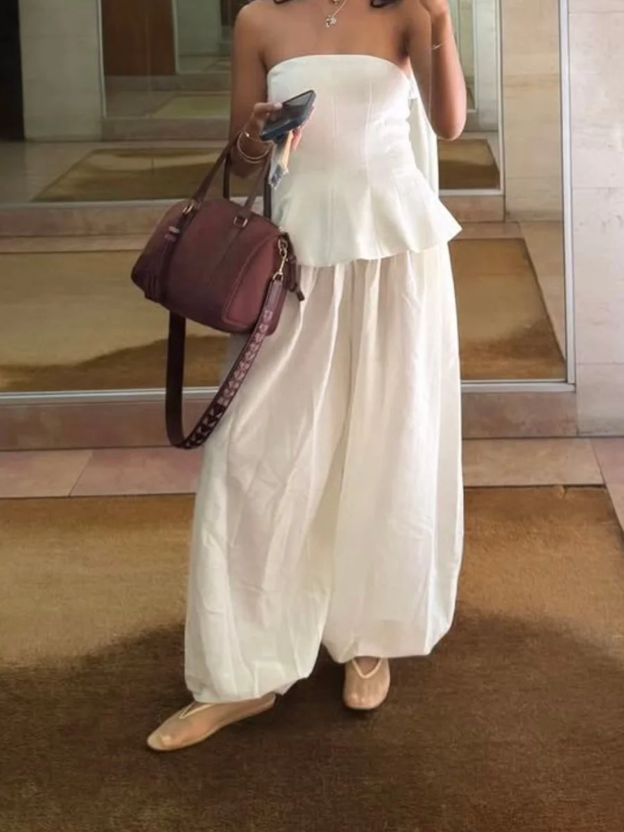 Women's Wide Leg Pants Casual Baggy Balloon Pants Solid Color Elastic Waist Loo… - Image 2