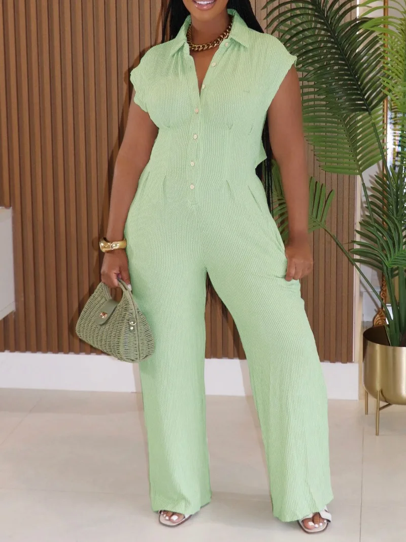

Women Solid Ribbed Summer Loose Jumpsuits Turn Down Collar Sleeveless Single Breasted Backless Wide Leg Pants One Piece Overalls