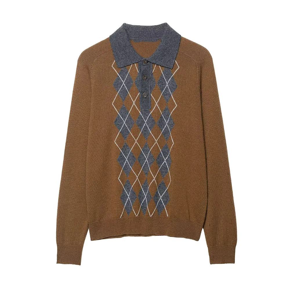 

Осень-зима 2025: новый женский воротник-поло с ромбовидной клеткой, свободная версия, пуловер, вязаный свитер, топ