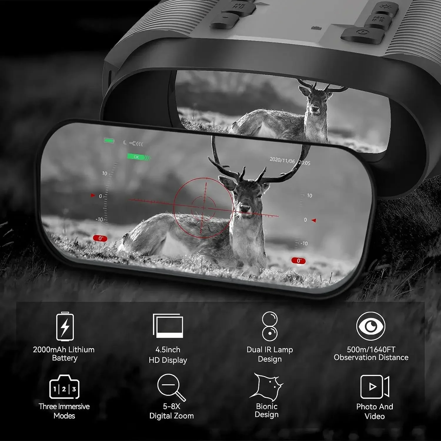 40X Digital Night Vision Binoculars Long Range 500m Viewing HD Video Photos Records Infrared Camcorder for Full Darkness Hunting