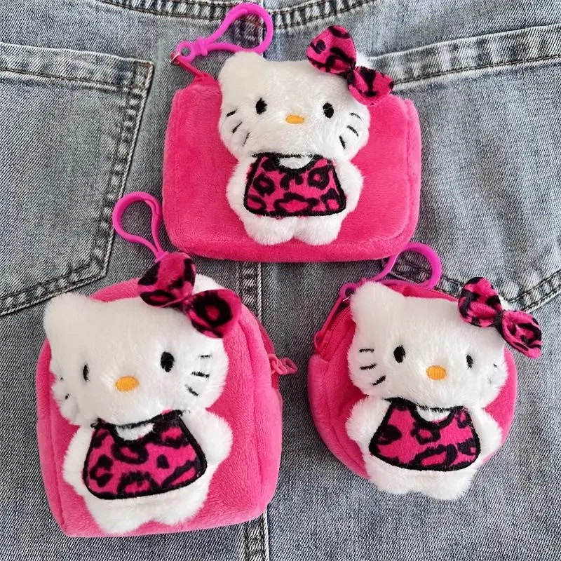 

Розово-красный леопардовый принт Hello Kitty Sanrio, плюшевый кошелек для монет, мультяшные мини-куклы, сумки для хранения наушников, рюкзак, брелок, подарки