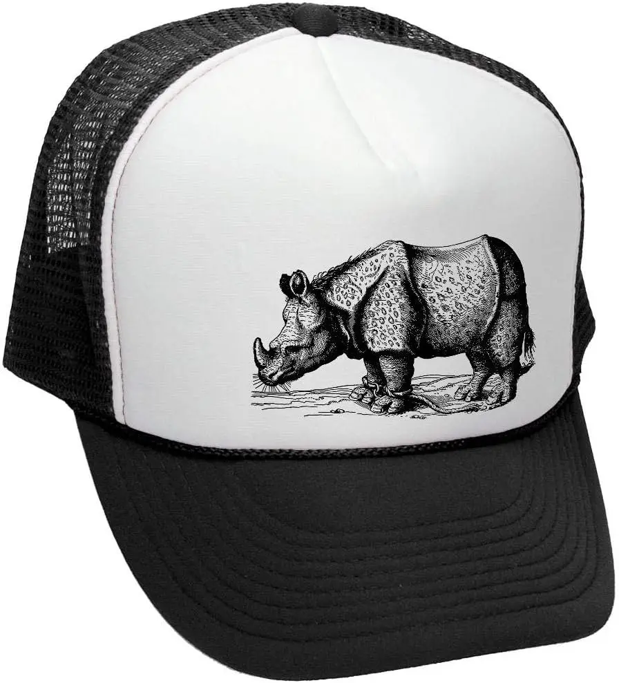 

Винтажная шляпа дальнобойщика Rhino с гравировкой, черно-белая сетчатая регулируемая бейсболка унисекс на открытом воздухе