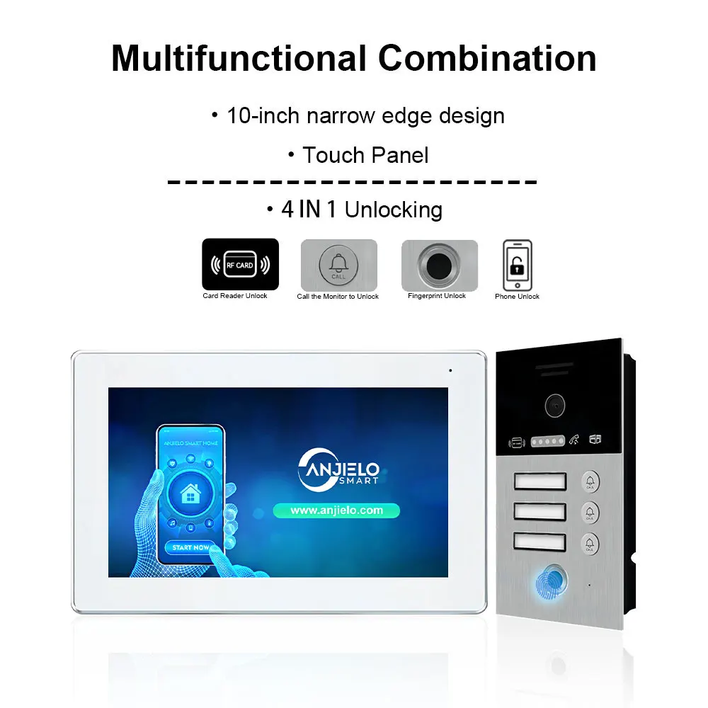 3 Households Wifi Tuya Smart Intercom Video Doorbell for Apartment Building 4in1 Unlock with Fingerprint IC Card