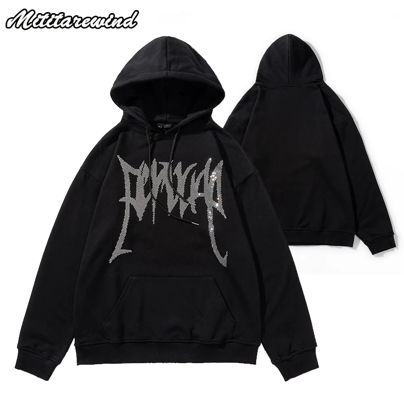 Hip Hop Streetwear Gothic Letters Rhinestone Hoodies for Men Pullover Autumn Winter Black White Hooded Sweatshirts For Men Women