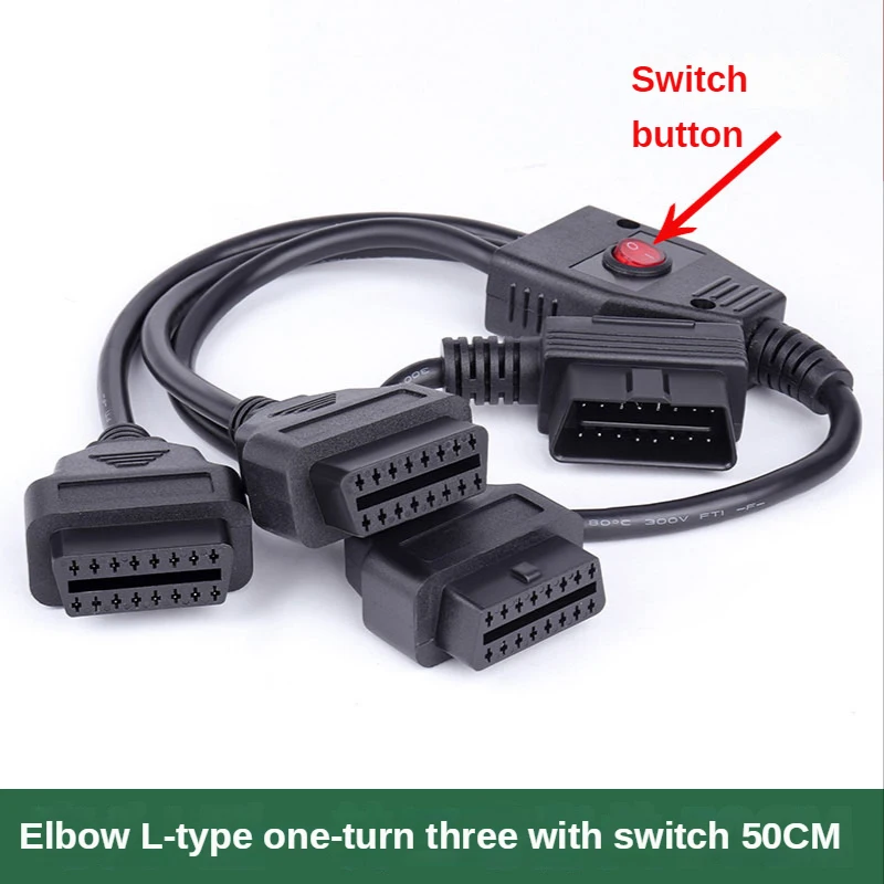 L Head 16 Pin OBD is one point two Splitter Cable Wire Extension Cords Male to Triple Female Connector with Switch For Multiple