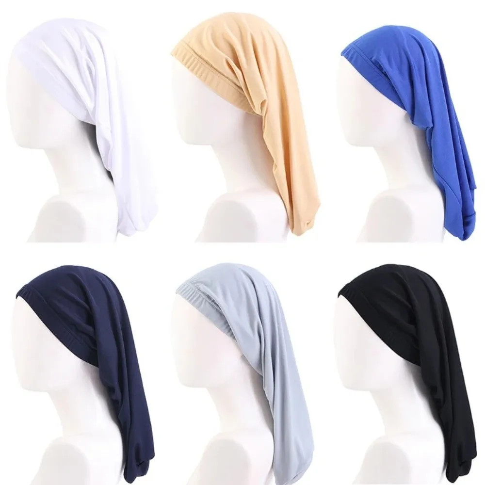 Comfortable Long Tail Hair Bonnet Solid Color Wide Elastic Band Head Wrap Breathable Anti-Frizz Durag Cap Unisex