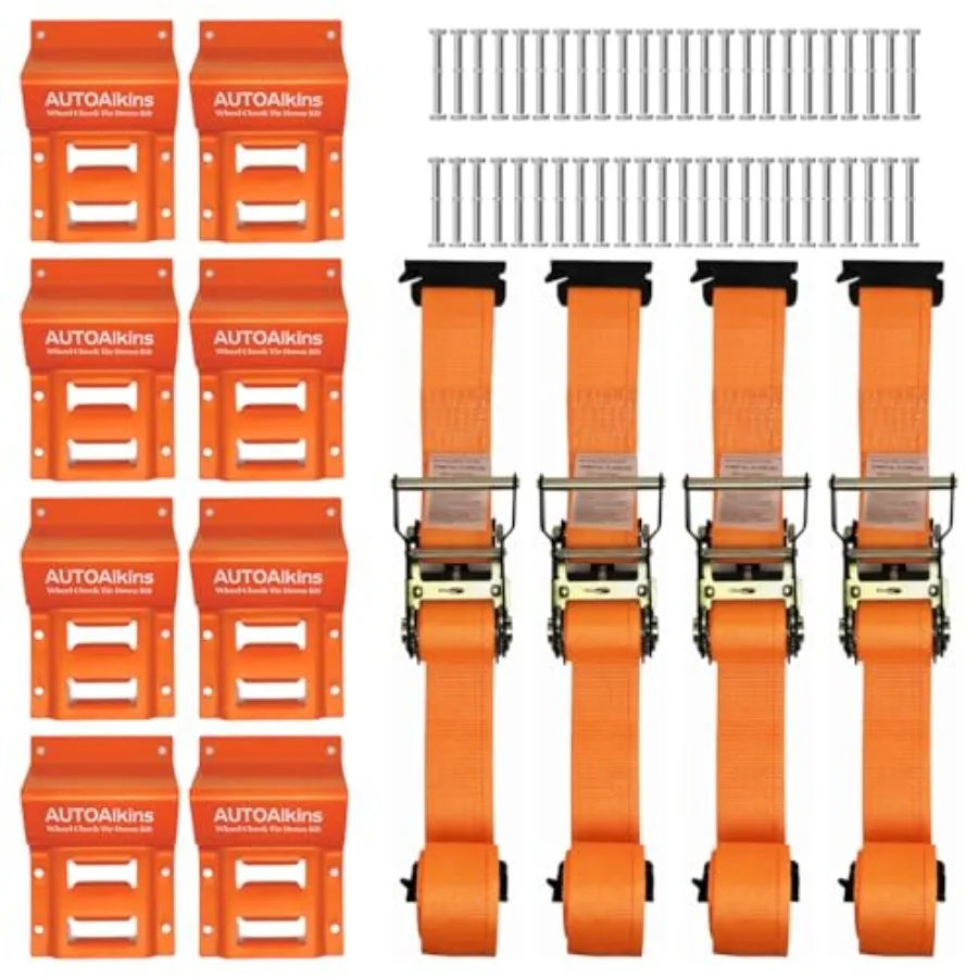 

Wheel Chock Tie Down Kit, 4, 400lb Break gth — 4 Heavy Duty E-Track Tire Ratchet Straps and 8 Steel Wheel Chocks, Complete Trai