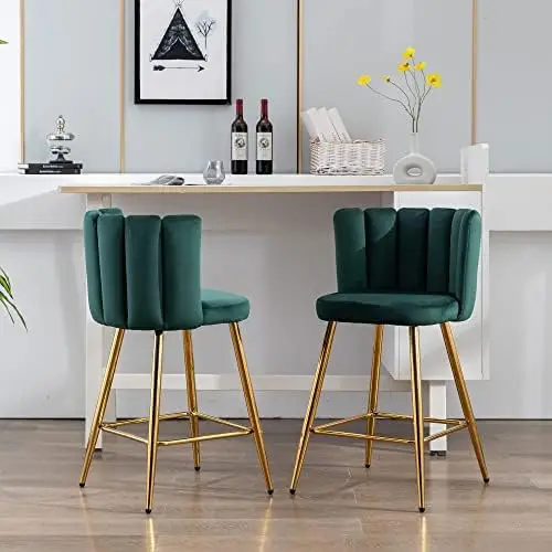 26' Velvet Barstools Set of 4, Green, Gold Legs, Modern Kitchen Island Stools