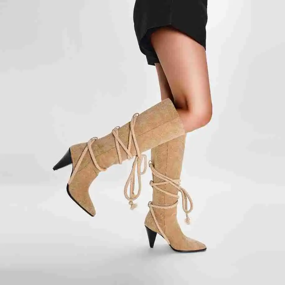 

Sand Leather Lace Up Tassel Pointed Toe Spike Heeled High Heel Boots Women Runway Show Knee Length Long Boot