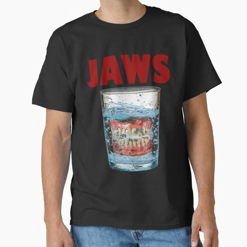 

JAWS Parody – Funny Denture in Water Glass Vintage Great White Shark Attack 80s Retro Horro Movie gift t shirt Large size tops