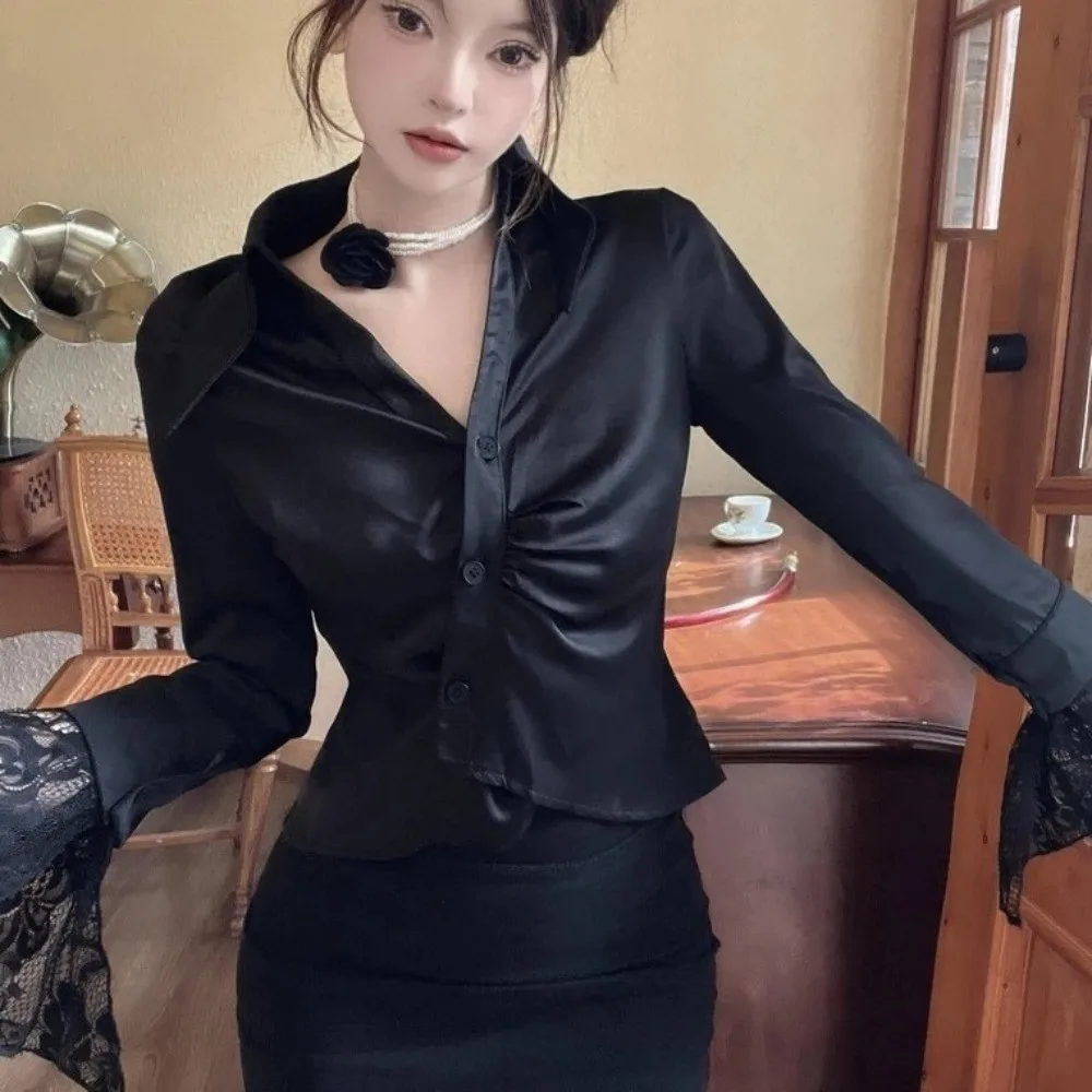 قمصان بأكمام طويلة من الدانتيل برقبة على شكل حرف V ملابس قصيرة ضيقة من الدانتيل بأكمام على الطراز الكوري بلوزة بأزرار حتى ملابس الشارع الشهير قمصان بأزرار ضيقة #5