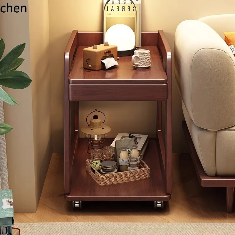 PYH movable solid wood wheeled coffee table simple bedside trolley for home living room sofa side cabinet