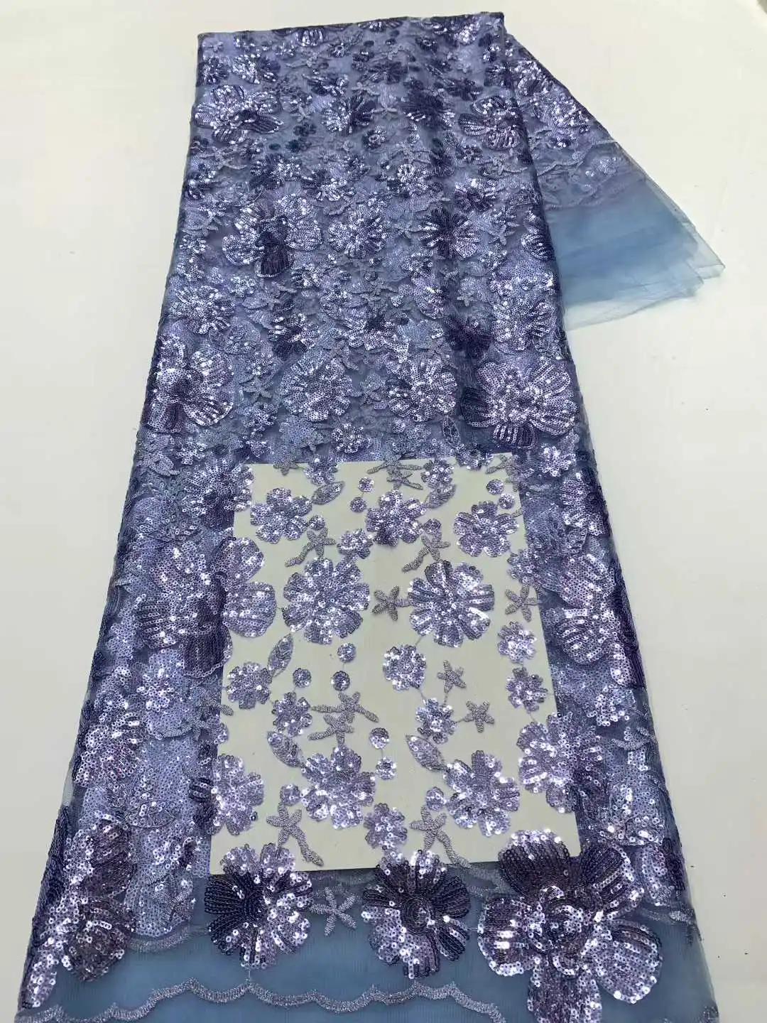 Tela de encaje de lentejuelas africanas de 5 yardas, nueva tela de malla con cuentas deslumbrantes de encaje de alta calidad para vestidos de fiesta de boda para mujer 2025