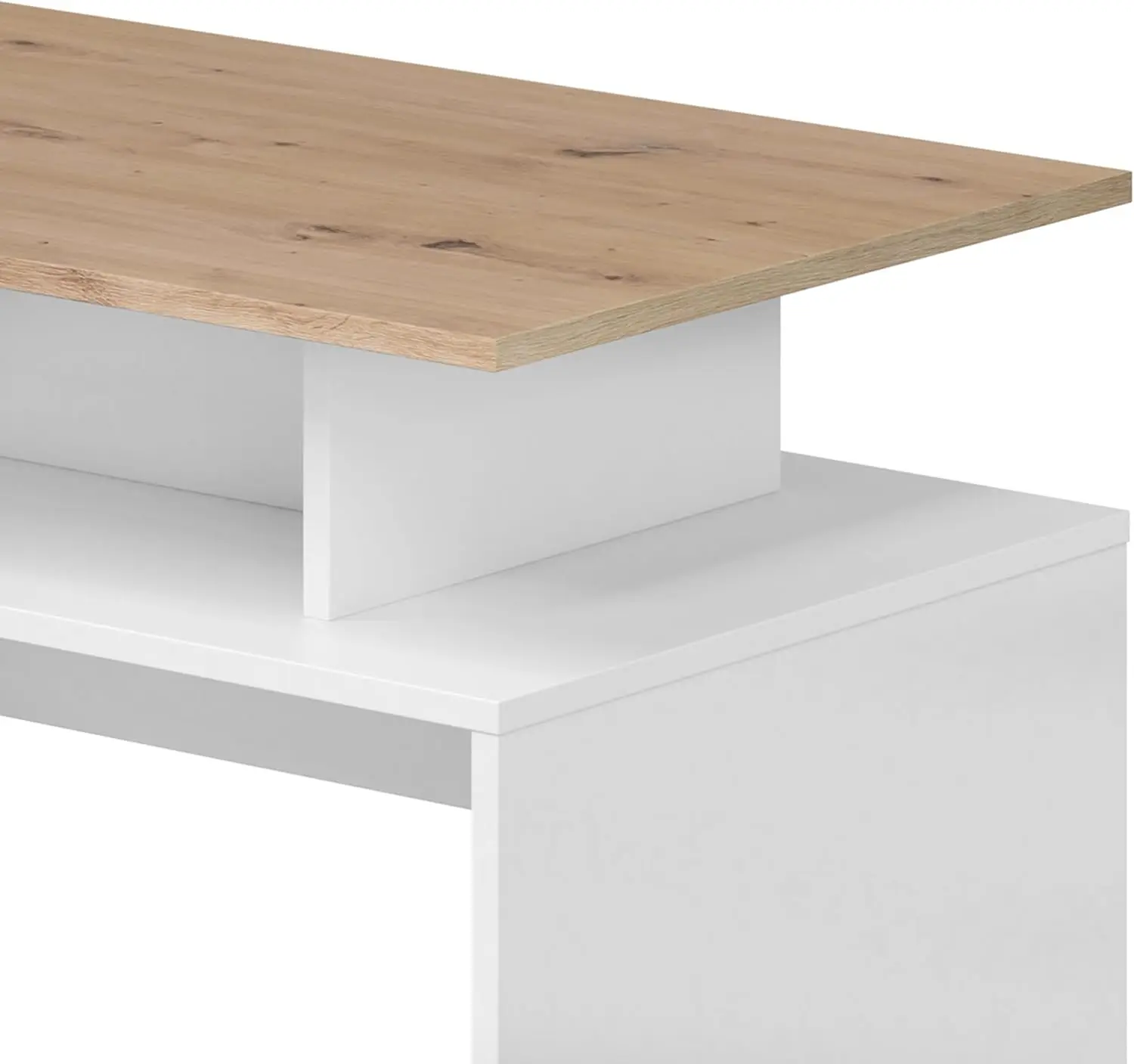 Mesa de Centro Doble Altura, Mesita para Salón, Mesa Auxiliar, Modelo Iris, Acabado en Color Blanco Artik y Roble