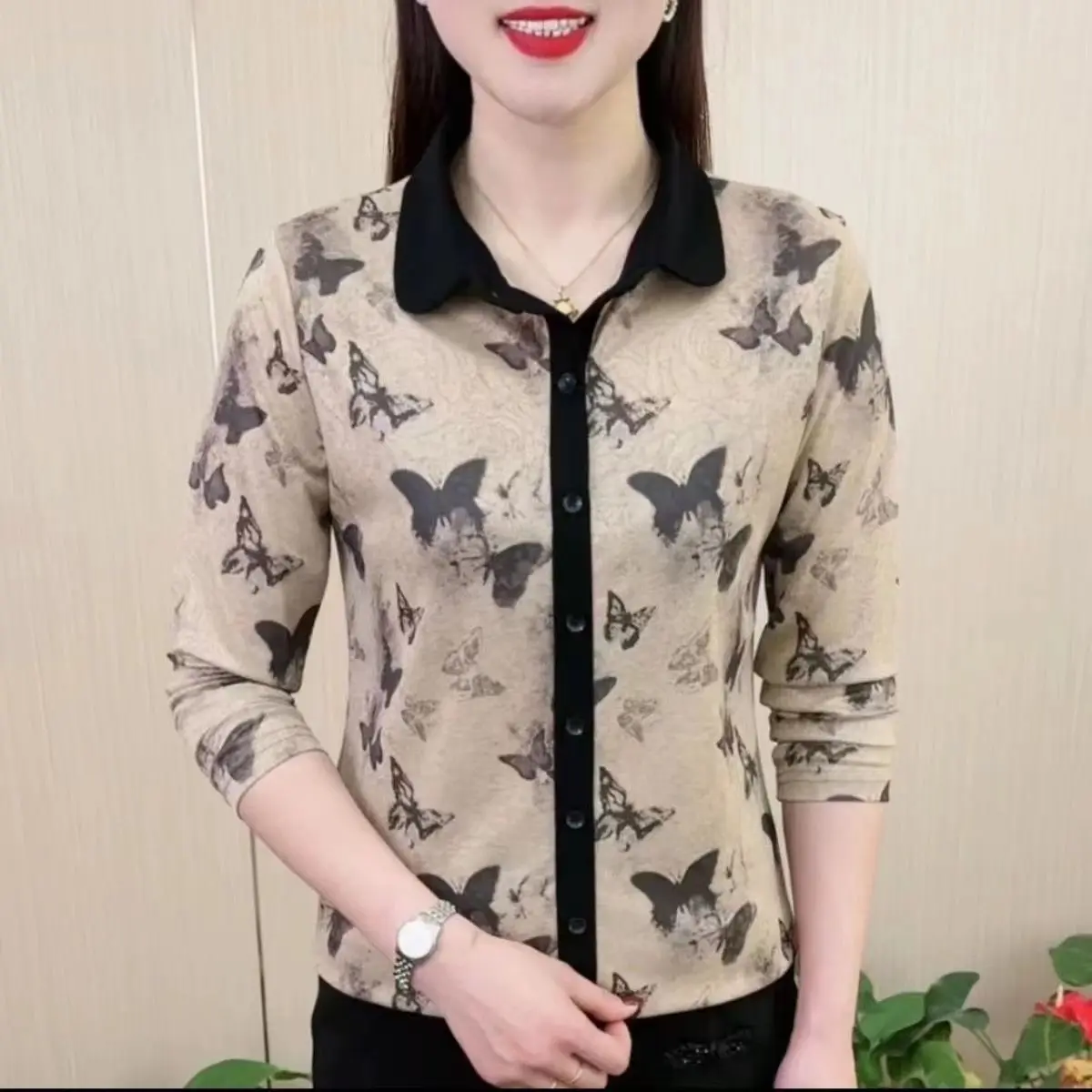 Elegant Base Shirt Stylish Printed Slim Fit Long Sleeve Women Turn Collar Blouse