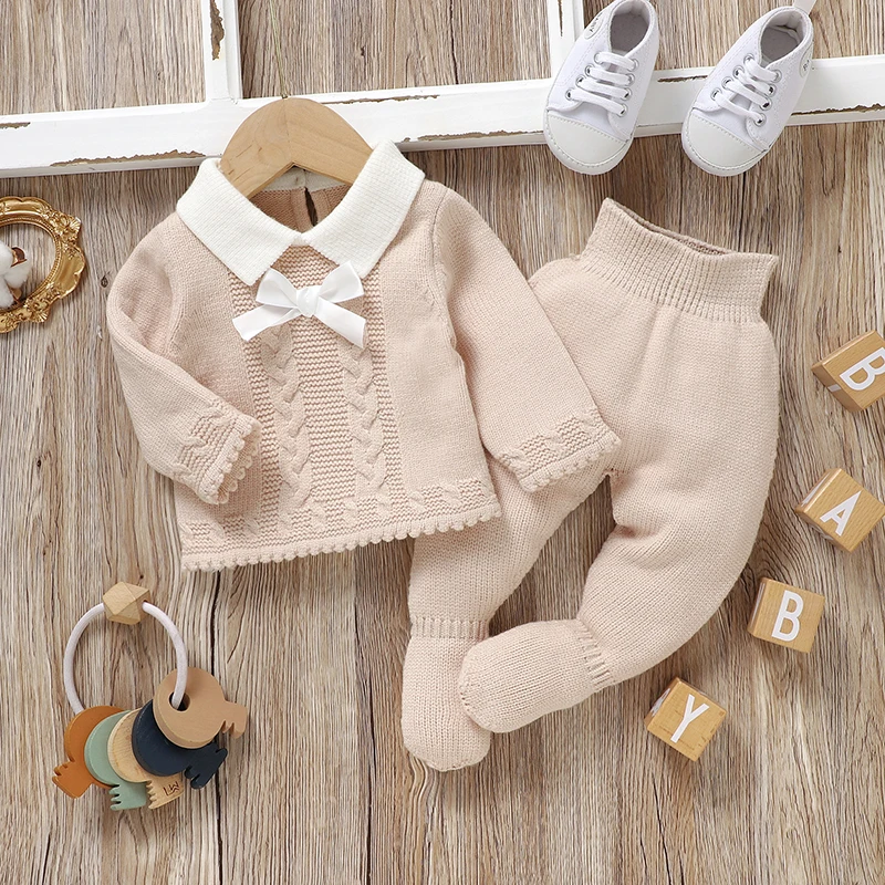 Newborn Baby Clothes Set Knit Kid Pullover Trousers Fashion Bow 0-9M Infant Girl Sweater Long Sleeve Pants Foot Wrap Warm Autumn