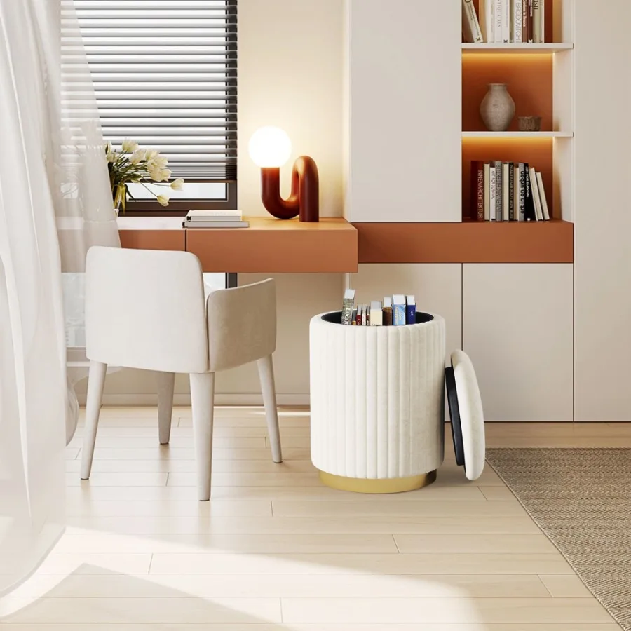 

1pc Round Storage man Upholstered Vanity Stool Footrest Stool with Gold Metal Base Side Table Padded Seat for Living Room Bedro