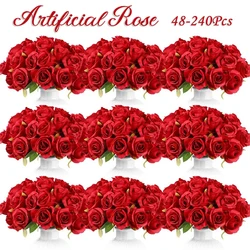 48-240Pcs Artificial Rose Flower Bouquet Valentines Day Gift Fake Roses Wedding Party Table Centerpieces Vases Home Decoration